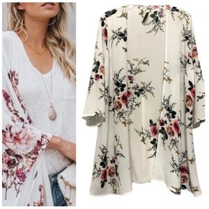 Floral Kimono Lightweight Dress Cardigan Swim Cover Up White Pink Size XX Large